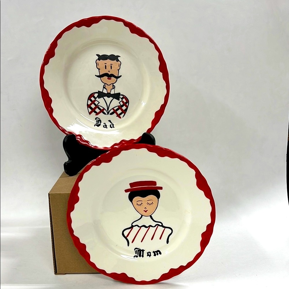 Vintage Red and White Decorative hand painted mom & dad Plates Set of 2